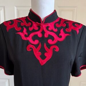 Vintage Black Midi Dress with Red Embroidered Yoke